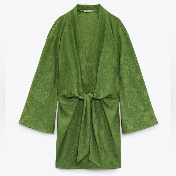 ZARA jacquard dress green ties wrap blogger favorite large L - Picture 11 of 13